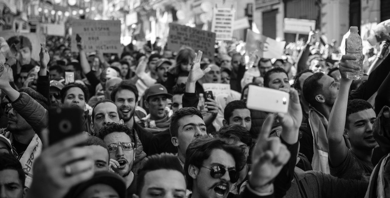 A photo of a crowd protesting.